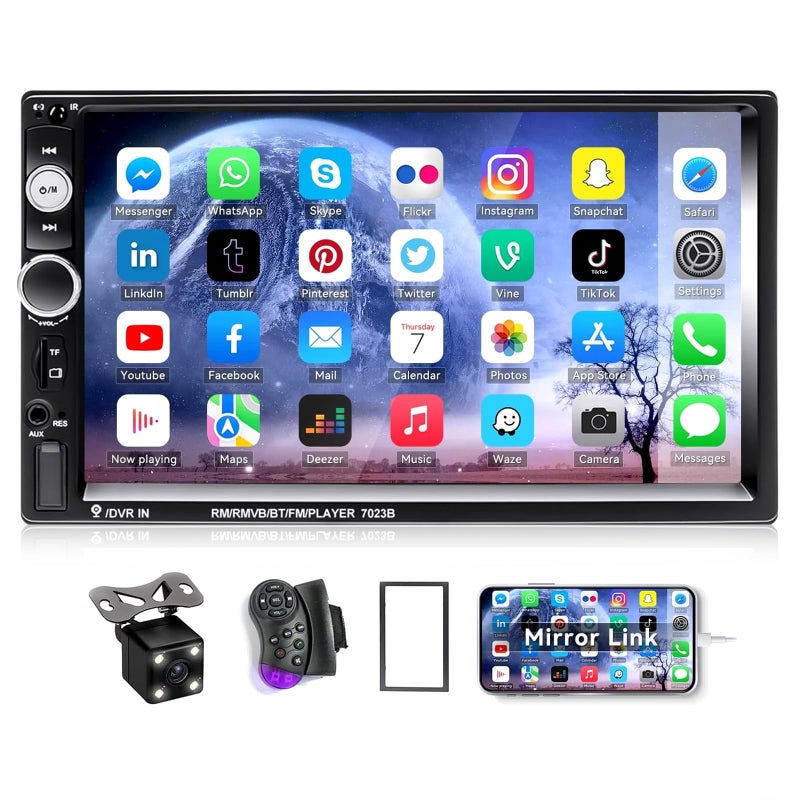 CAMECHO 7" Double Din Car Stereo Audio Bluetooth MP5 Player USB FM Multimedia Radio+ 4 LED Mini Backup Camera with Steering Wheel Remote Support Mobile Phone Synchronization (Used in Android/iOS) - Image 1
